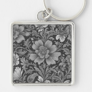Monochrome Vintage Floral Pattern Key Ring
