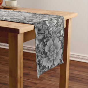 Monochrome Vintage Floral Pattern Long Table Runner