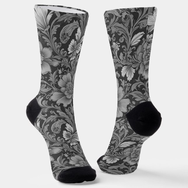 Monochrome Vintage Floral Pattern  Socks (Angled)