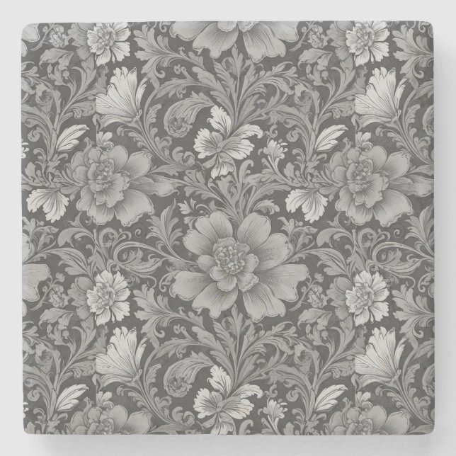 Monochrome Vintage Floral Pattern  Stone Coaster (Front)