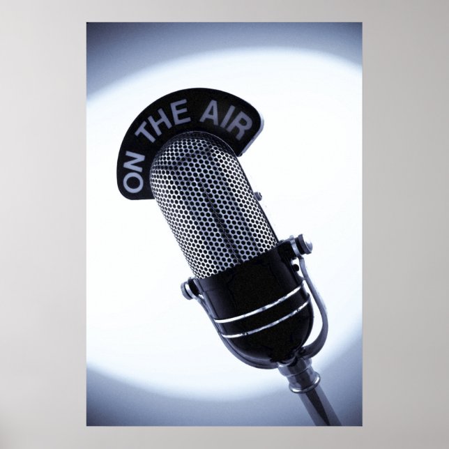Monochrome Vintage On The Air Microphone Print (Front)