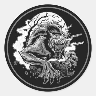 Monochrome Werewolf Moon Classic Round Sticker