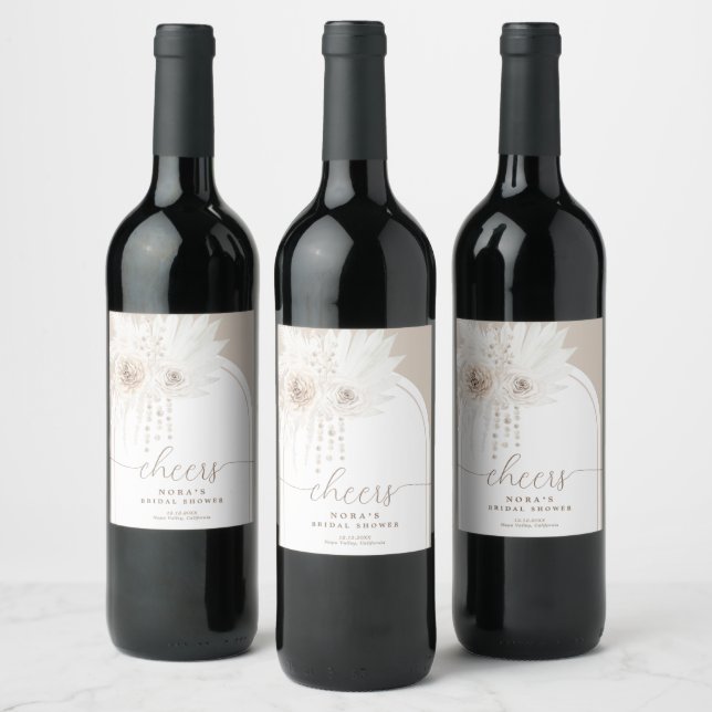 Monochrome White Neutral Floral Arch Wine Label (Bottles)