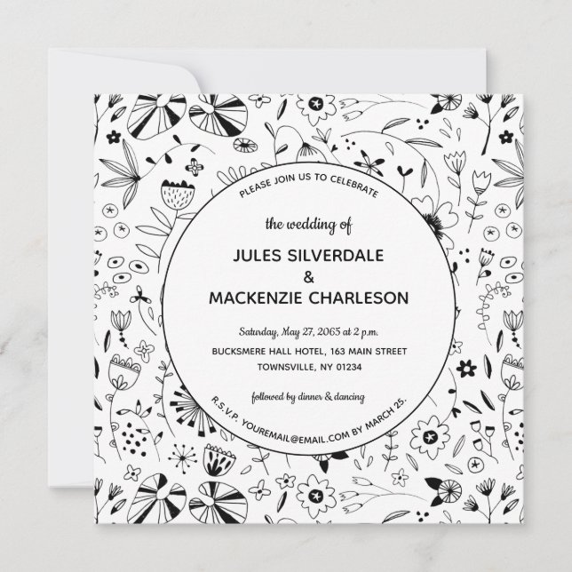 Monochrome Wild Flower Modern Wedding Invitation (Front)