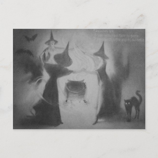 Monochrome Witch Bat Night Cauldron Black Cat Postcard (Front)