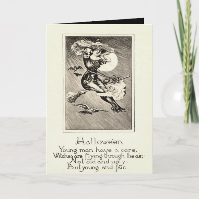 Monochrome Witch Flying Broom Owl Bat Full Moon Card (Front)