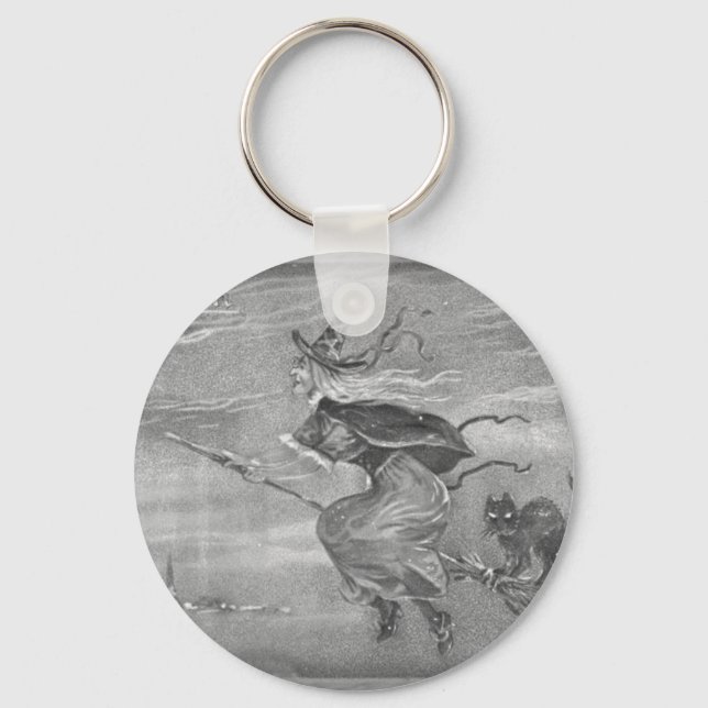 Monochrome Witch on Broom Key Ring (Front)