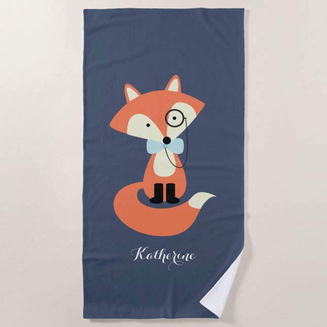 Monocle Hipster Red Fox Beach Towel (Front)