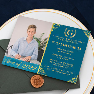 Monogam Golden Laurel Wreath Modern Graduation Invitation