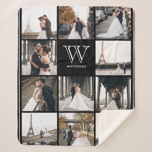Monogram 11 Square Photo Border Black Sherpa Blanket (Front)