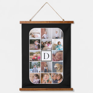 Monogram, 14 photo collage rounded corners black hanging tapestry