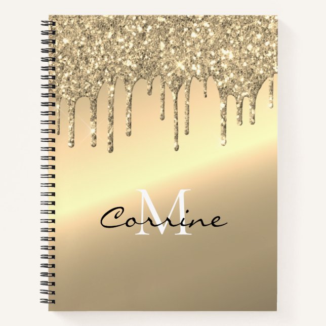 Monogram 14K Antiqu Gold Dripping Glitter Metallic Notebook (Front)