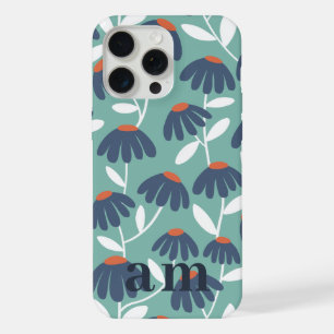 Monogram 2 Initials Blue & Red Floral Pattern iPhone 15 Pro Max Case