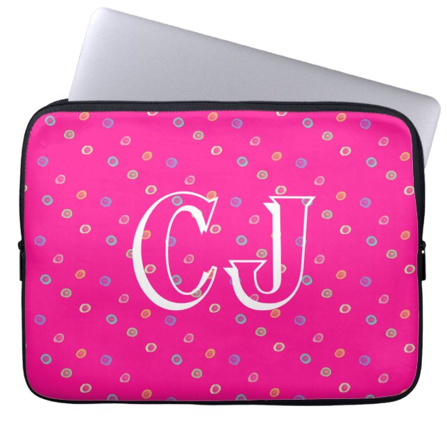 Monogram 2 Initials Hot Pink Polka Dots Laptop Sleeve (Front)