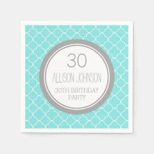 Monogram 30th Birthday Napkin Aqua Quatrefoil