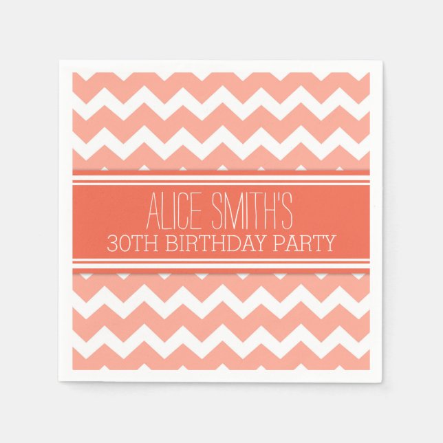 Monogram 30th Birthday Napkin Coral Chevron (Front)