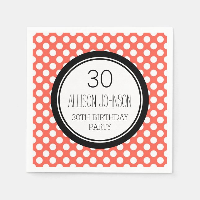 Monogram 30th Birthday Napkin Coral Dots (Front)