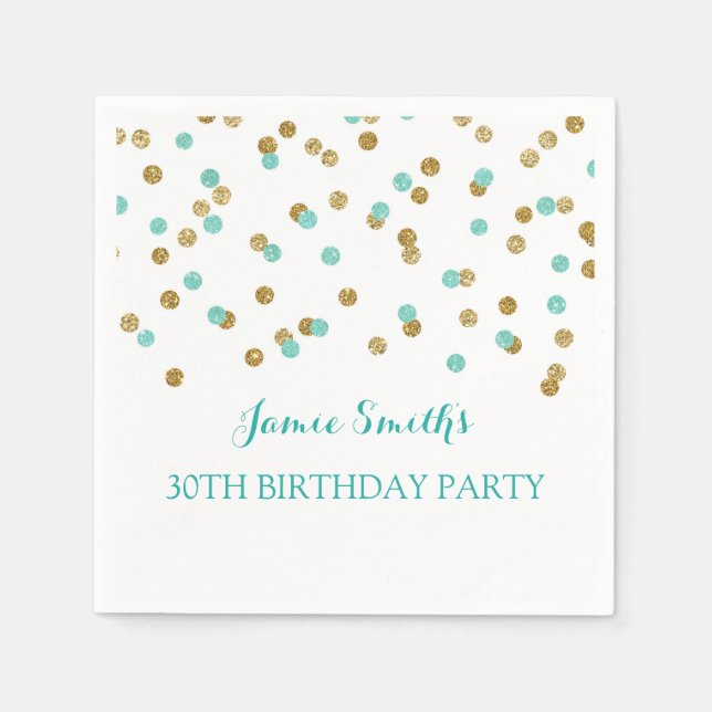 Monogram 30th Birthday Napkin Gold Blue confetti (Front)