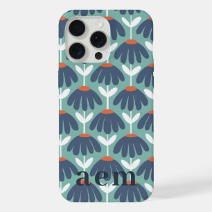 Monogram 3 Initials Blue & Red Vintage Floral iPhone 15 Pro Max Case