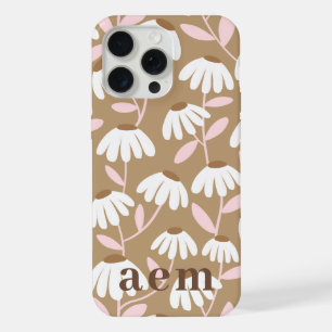 Monogram 3 Initials Brown & Pink Floral Pattern iPhone 15 Pro Max Case