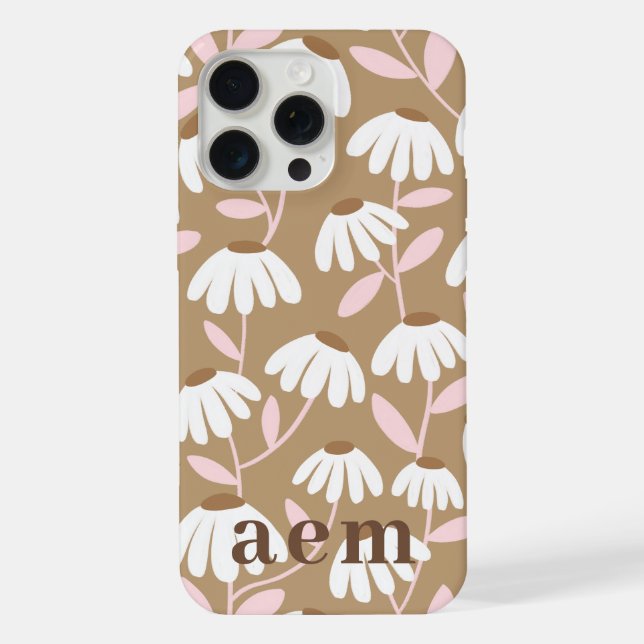 Monogram 3 Initials Brown & Pink Floral Pattern iPhone Case (Back)
