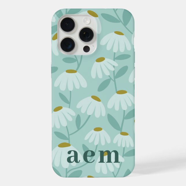 Monogram 3 Initials Teal Blue Floral Pattern iPhone Case (Back)