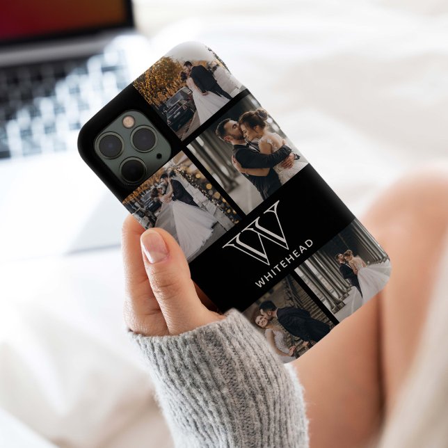 Monogram 5 Square Photo Collage iPhone 15 Case (Monogram photo collage modern simplistic design fill spots with wedding, family or pet photos.)
