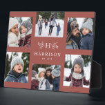 Monogram 6 photo collage family name dusty rose plaque<br><div class="desc">A collage of six photos surrounds a simple initial and rustic branches along with a name and year. Makes a great keepsake gift. Feature highlights of your year, the best from your family photo shoot, grandkid images, wedding photos and more. The stylish dusty rose background coordinates with a variety of...</div>