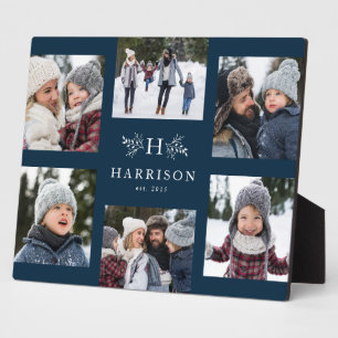 Monogram 6 photo collage family name rustic navy plaque