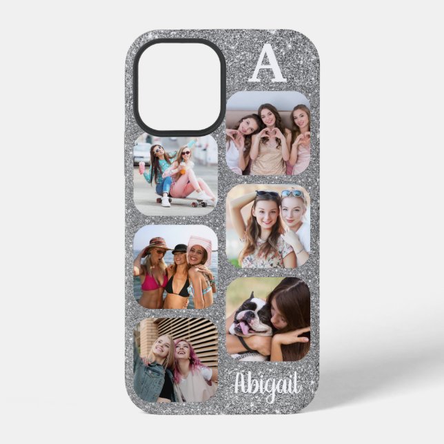 Monogram 6 Rounded Photo Collage Silver Glitter iPhone Case (Back)