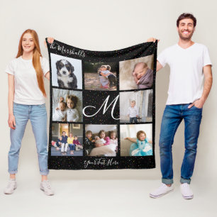 Monogram 8 Photo Collage Colorful Confetti Black Fleece Blanket