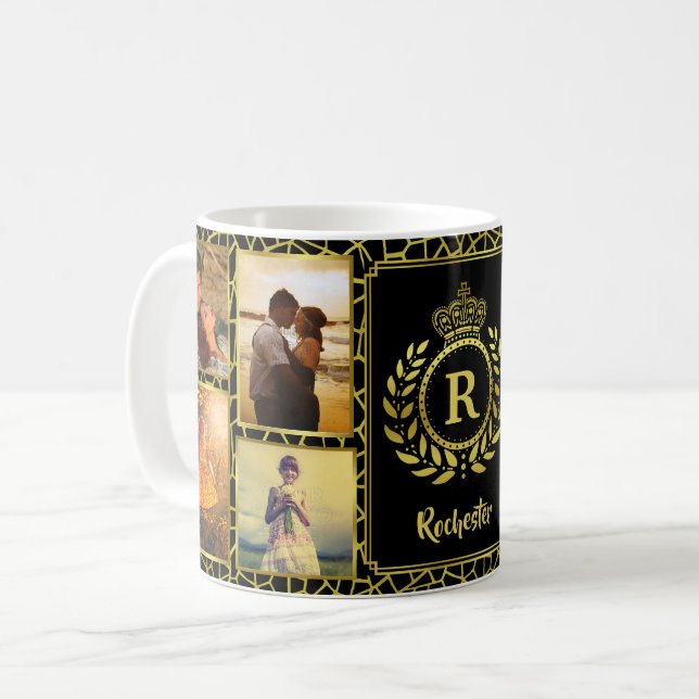 Monogram 8 Photo Collage | Royal Crown Gold Laurel Coffee Mug (Front Left)