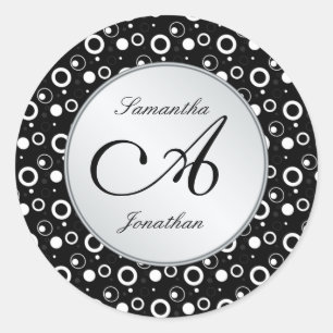 Monogram "A" black white bubbles circles Wedding Classic Round Sticker