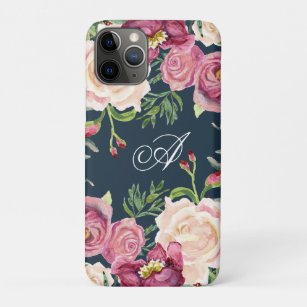 Monogram A Burgundy Floral Rose Leaf Foliage Case-Mate iPhone Case