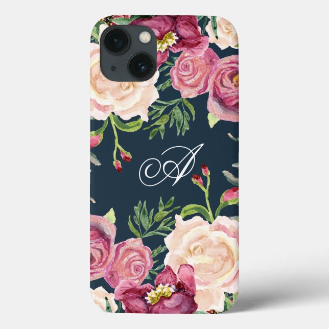Monogram A Burgundy Floral Rose Leaf Foliage Case-Mate iPhone Case (Back)