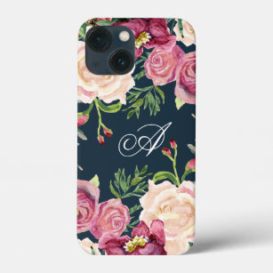 Monogram A Burgundy Floral Rose Leaf Foliage iPhone 13 Mini Case