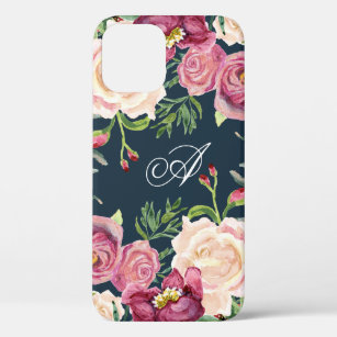 Monogram A Burgundy Floral Rose Leaf Foliage iPhone 12 Pro Case
