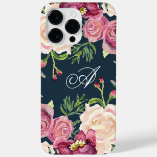 Monogram A Burgundy Floral Rose Leaf Foliage Case-Mate iPhone 14 Pro Max Case