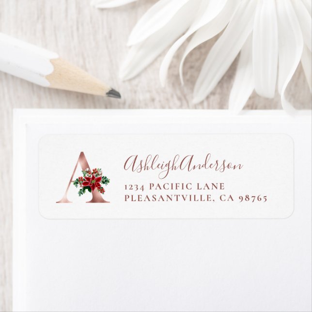 Monogram A Christmas Rose Gold Return Address Label (Insitu)