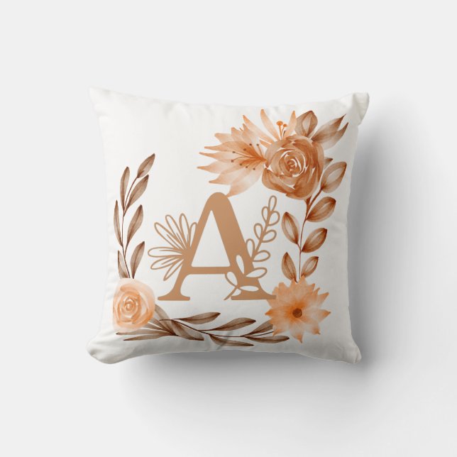 Monogram A, Floral Autumn Colours, Browns Peaches Cushion (Front)