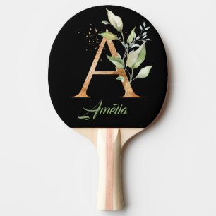 Monogram A green eucalyptus faux gold foil  Ping Pong Paddle