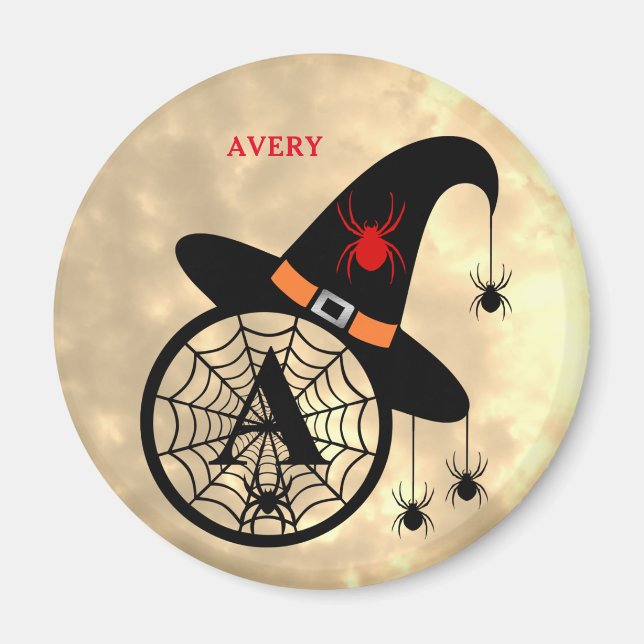 Monogram A Halloween Sky Witch Spiders Name Magnet (Front)