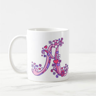 Monogram A hearts and flowers pink purple mug