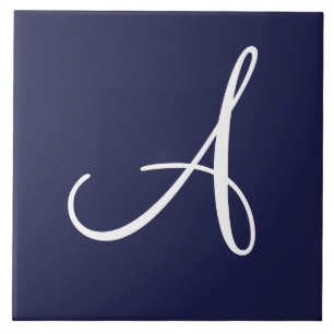 Monogram A in White on Navy Blue Ceramic Tile