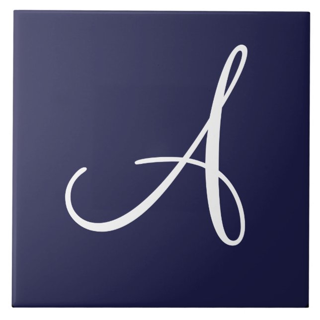 Monogram A in White on Navy Blue Ceramic Tile (Front)