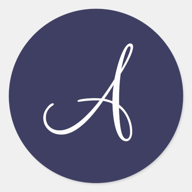 Monogram A in White on Navy Blue, Classic Round Sticker (Front)