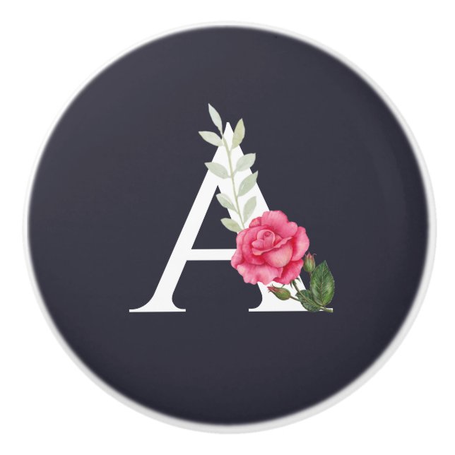 Monogram A in White Pink Rose and Leaves Ceramic Knob (Front)