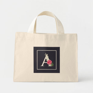 Monogram A in White Pink Rose and Leaves Dark Grey Mini Tote Bag