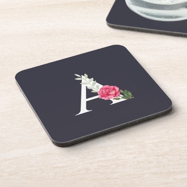Monogram A in White Pink Rose and Leaves Square Coaster (Left Side)