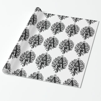 Monogram A Initial Black and White Floral Pattern Wrapping Paper